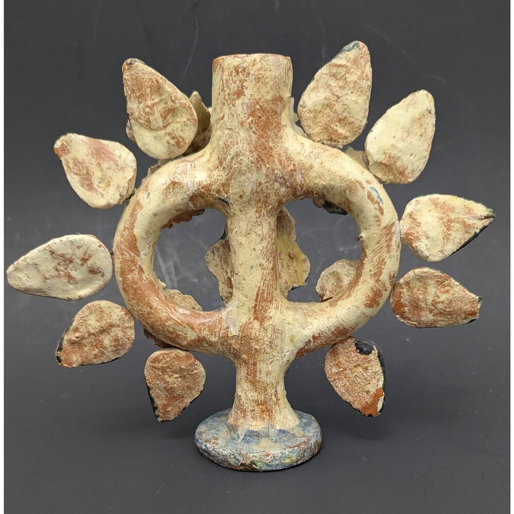 Mexican Antique Tree Of Life 7" Candelabra Flowers Doves Terra Cotta Blue Green - Picture 8 of 9